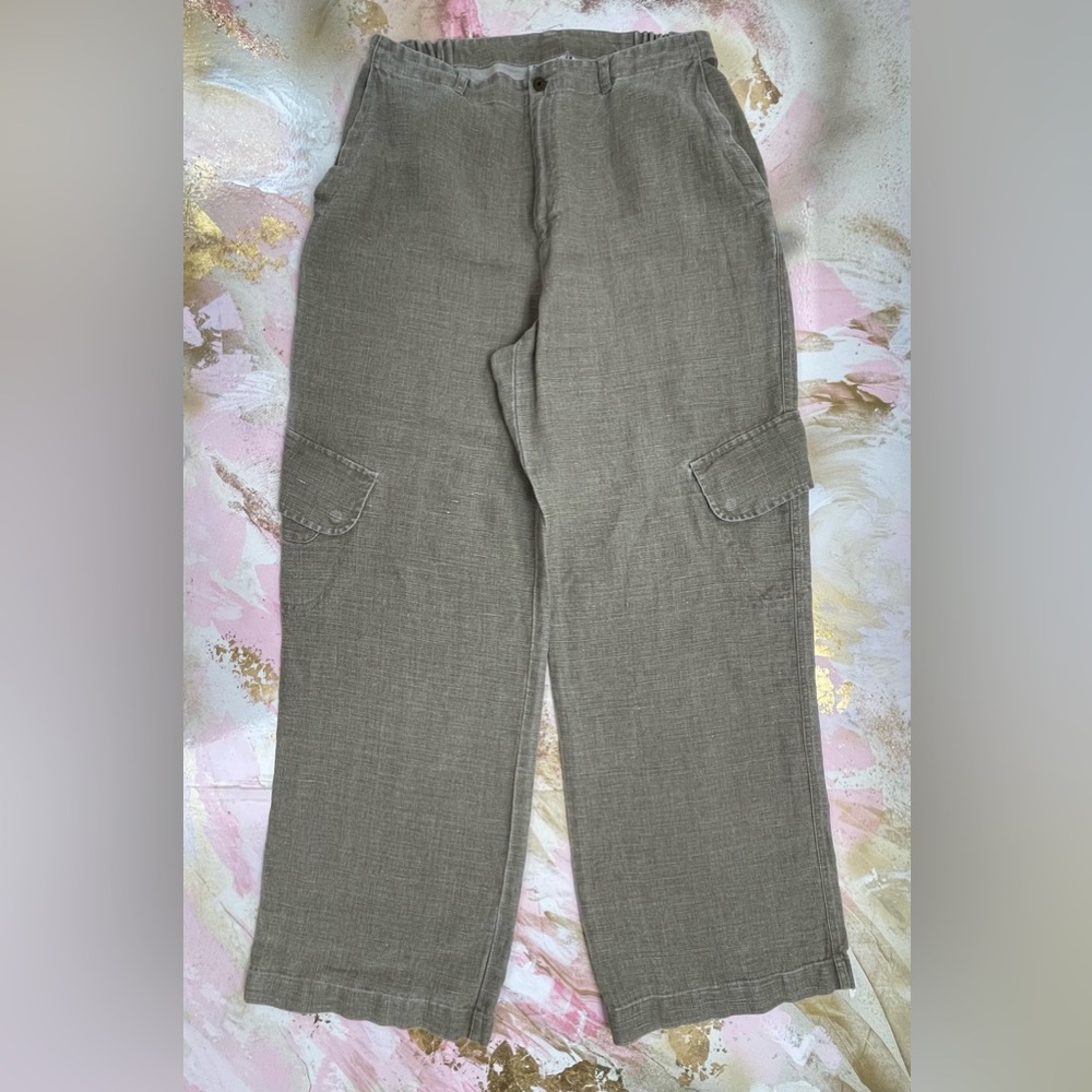 Chico’s Design Vintage 100 % linen tan baggy cargo pants 2/L/ XL